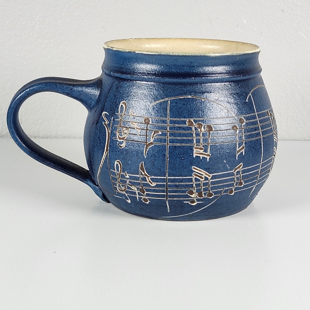 Handmade Signed Studio Pottery Mug Blue Stoneware Music Notes Artisan Coffee Cup